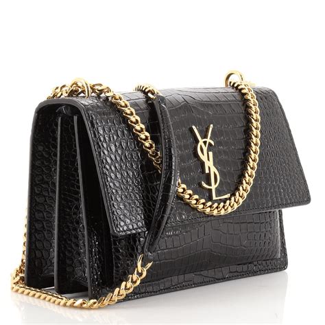 YVES SAINT LAURENT Crocodile Embossed Leather Black 